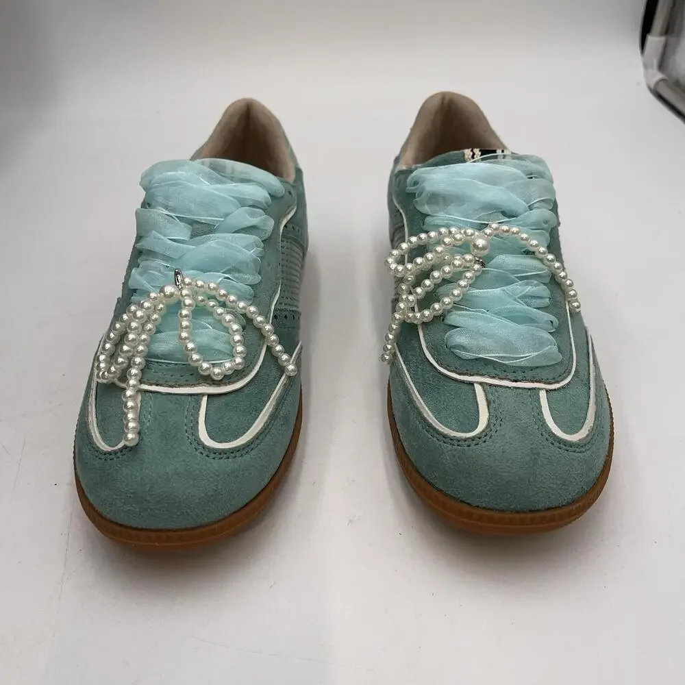 Aqua Suede Pearl Beaded Shoes Womens Low Top Casual Sneakers Sophie Size 6